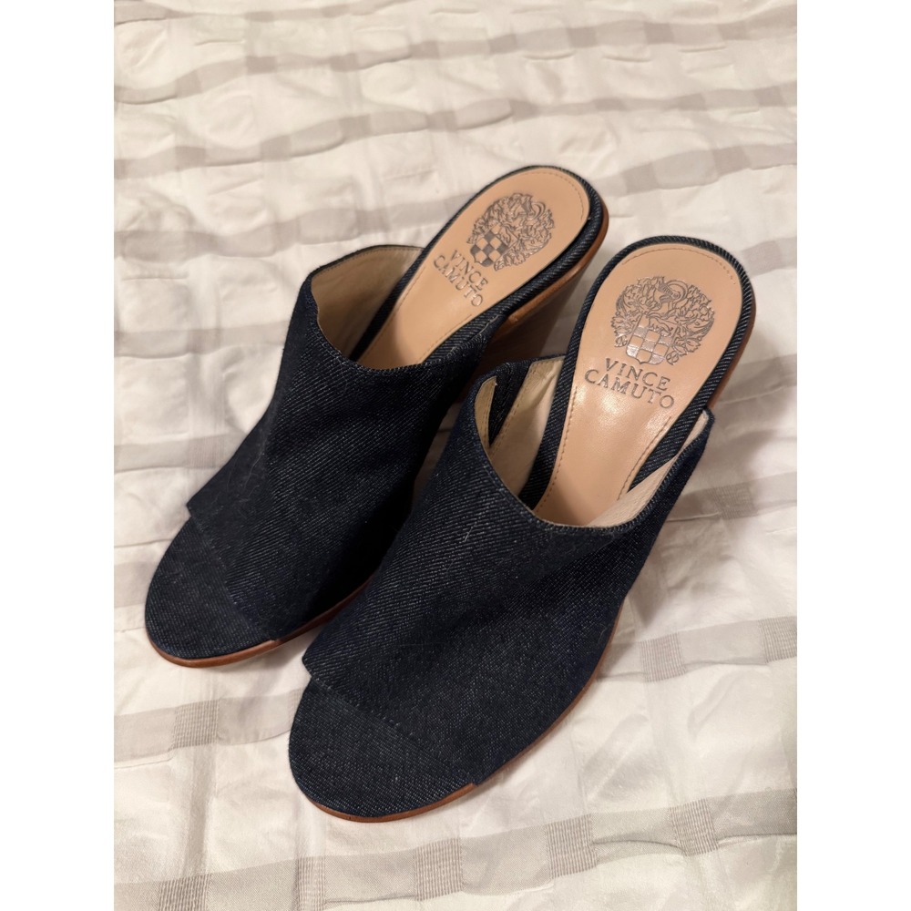 Vince Camuto Denim Wedge Mules Indigo Open Toe Sandals 8.5M minimalism #cbkstyle